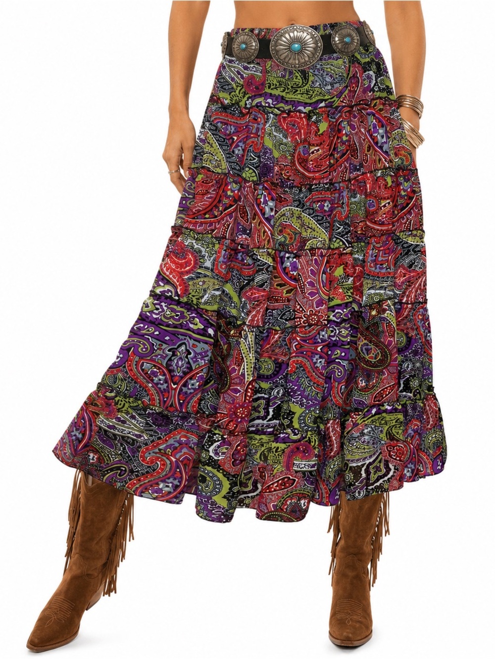 Antthony Paisley Floral Tiered Maxi Skirt Women SZ PM Psychedelic Eclectic Artsy